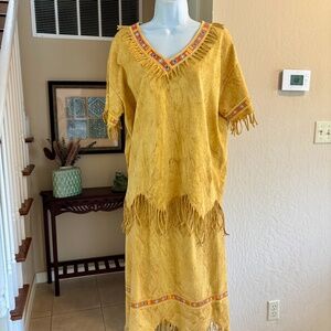 Factory Artwear 2 Pc Skirt & Top Native American Theme Fringe Trim Suede-Look L